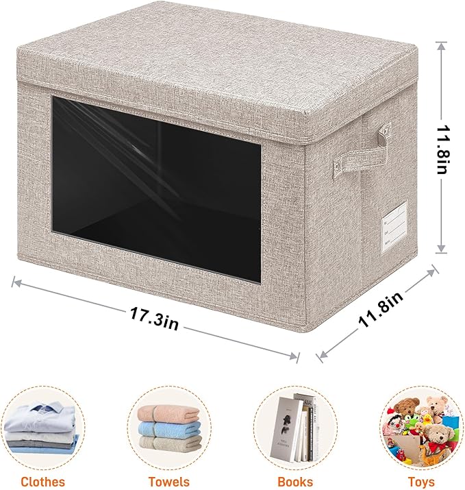 4-Pack Fabric Storage Bins with Lids, Foldable Storage Boxes with Handles & Clear Window, Closet Organizers for Clothes, Books (Oatmeal, 4PCS/17.3 x 11.8 x 11.8 in)-NeatNest