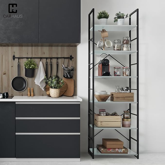 CAPHAUS 6 Tier Bookshelf, 24 Inch Width Free Standing Shelf, Bookcase Shelf Storage Organizer, Industrial Book Shelves for Home Office, Living Room, Kitchen, White Shelves & Metal Frame-NeatNest