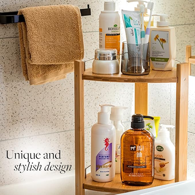 GOBAM Bamboo Shower Corner Caddy, Large - 2 Tier Standing Shower Stand for Shampoo, Conditioner, Lotion, Soap - Caddy Organizer for Kitchen, Bedroom, or Office