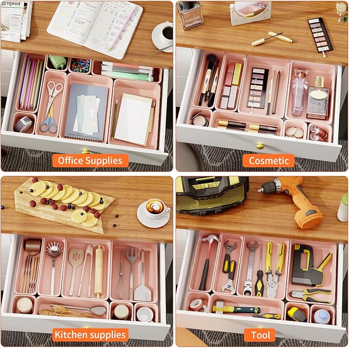 45 Pack Pink Plastic Drawer Organizer Trays - 3-Size Storage for Kitchen, Bathroom, Office, Vanity, Makeup, Utensils, Junk Drawer Organizer Bins, Gadget Trays-NeatNest