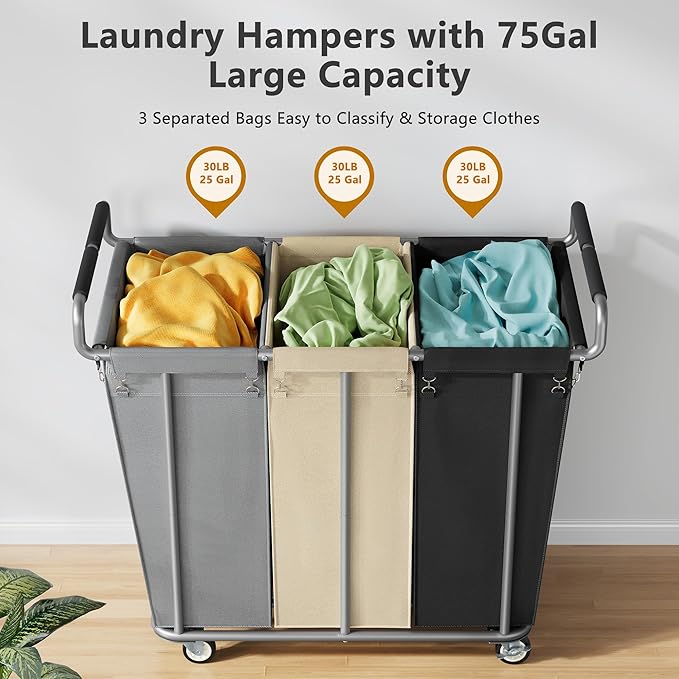 Large laundry hamper with Wheels, 360L 3 Bag Big Rolling Laundry Hamper Sorter Cart, Extra Large Laundry Clothes Hamper, Heavy Duty Laundry Basket Organizer for Laundry Room,Bathroom