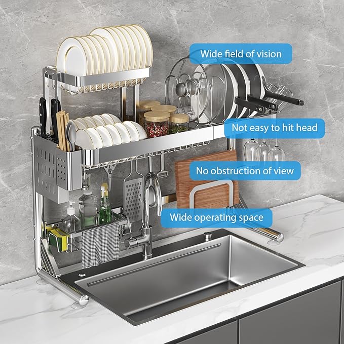 Over Sink Dish Drying Rack, Upgrade 2.5-Tier 304 Stainless Steel Dish Rack Adjustable Length with Pots and Pans Rack, Modern Over The Sink Dish Drainer Rack for Kitchen Storage Counter Organizer