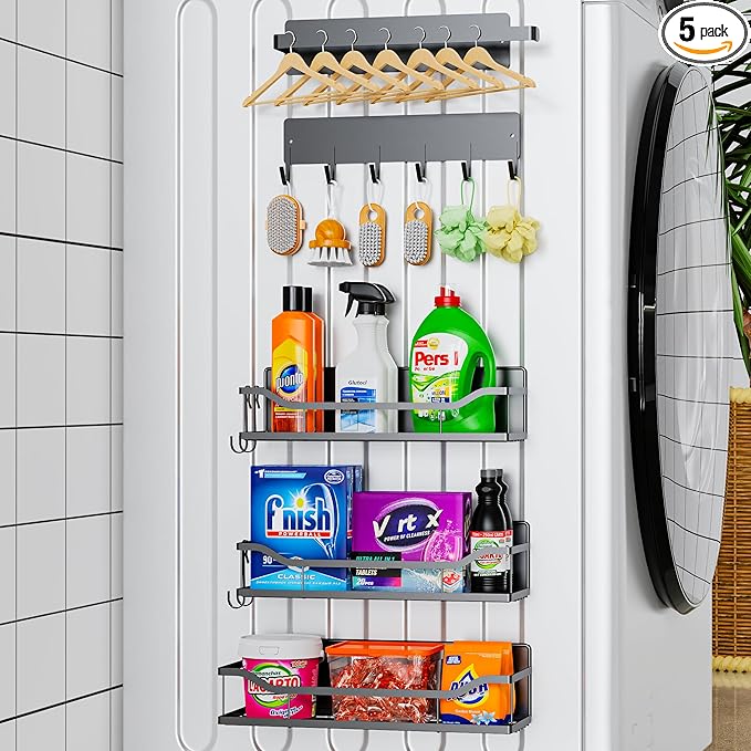 5 Pack Magnetic Shelves for Washing Machine & Refrigerator, Paper towel holder, Movable Powerful Magnetic Spice Racks with Unique Hollow Design, for Laundry Room and Kitchen Organization (Grey)