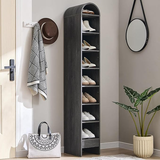 67" Tall Arched Shoe Storage Cabinet, 8-Tier Wooden Rack with 3 Adjustable Shelves, Freestanding Closet Shelf Organizer for Entryway, Hallway, Living Room (Dark Grey)-NeatNest