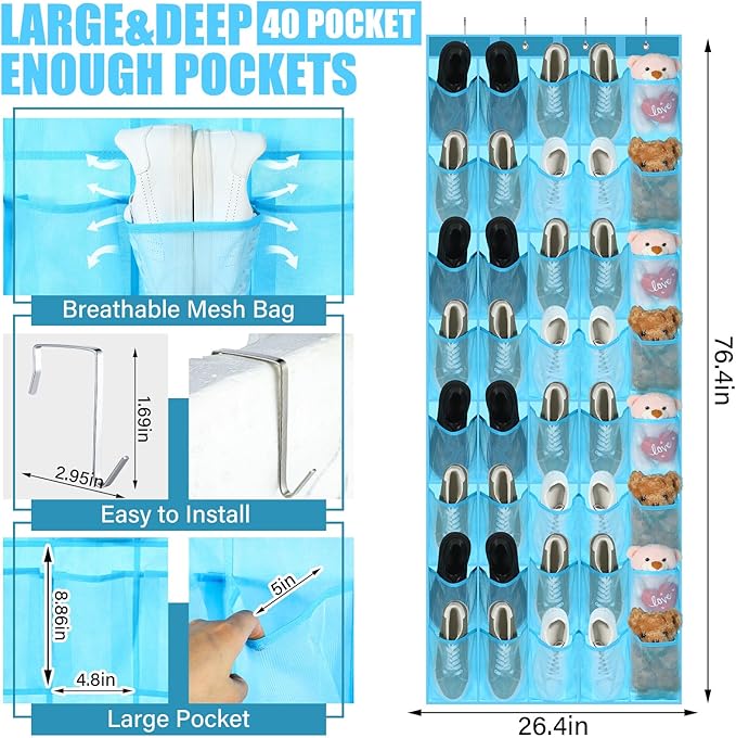 Windyun 40 over the Door Shoe Organizer Large Mesh Pocket Hanging Shoe Rack for Closet Sky Blue Nonslip Behind Door Storage Holder Back to School Organizer for Dorm Room College Classroom Storage-NeatNest