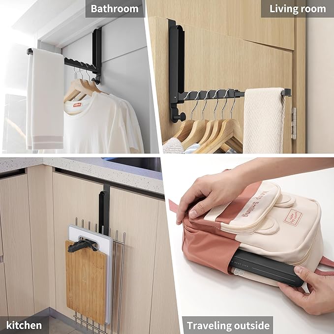 Clothes Drying Rack Foldable Fit Door up to 1 3/8" Optimal 1pc,Over The Door Hanger with Retractable Rod,Over The Door Hanger Hooks for Laundry Bathroom Bedroom Travel Hangers(Black, 1 Pack)