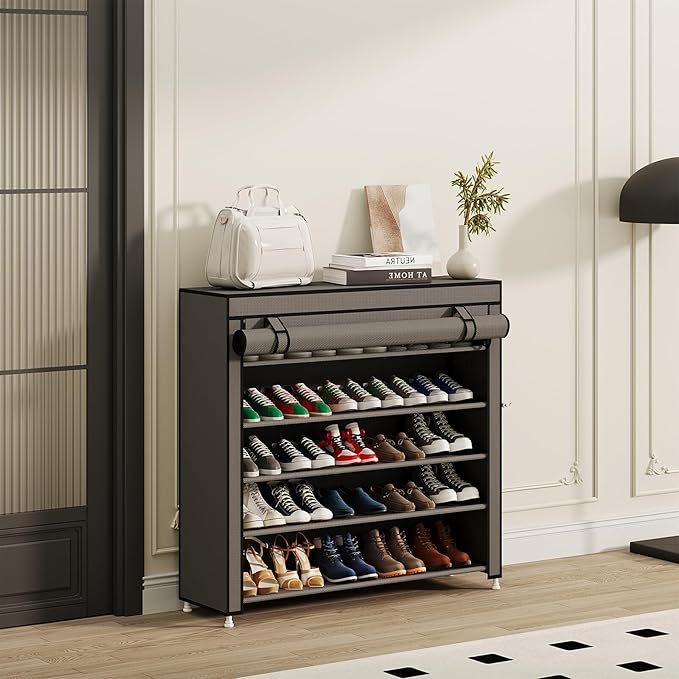 Calmootey 5 Tier Shoe Rack Organizer to Hold 25 Pairs, Portable Shoe Shelf with Nonwoven Fabric Cover for Closet Hallway, Bedroom, Entryway, Grey-NeatNest