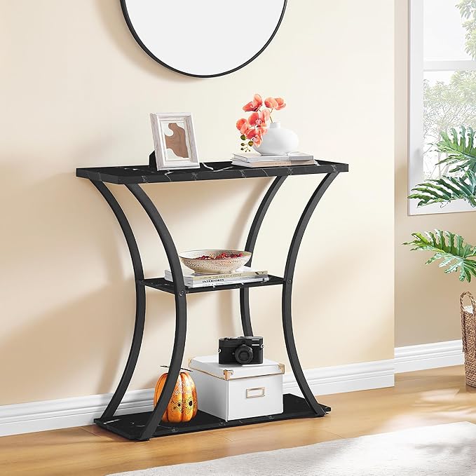 Hoctieon 3 Tier Console Table with Open Wood Shelves, Decorative Entryway Table with Curved Metal Frames, Narrow Sofa Table for Entrance, Living Room, Hallway, Black Marbled-NeatNest