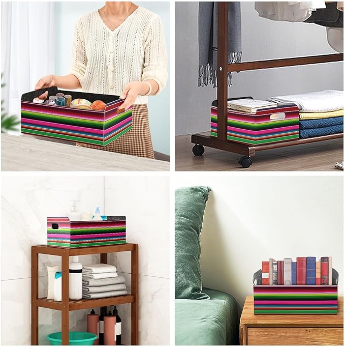 Kigai Mexican Serape Colorful Stripes Storage Basket, Foldable Open Storage Bins with Double Handle, Felt Storage Boxes for Office Desk, Rectangular Closet Organizer Containers for Home Bedroom
