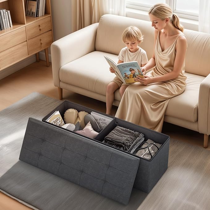 Ottoman Folding Storage Bench, 43x15x15 Inch, Foot Rest Stool for Living Room, Bedroom, Entryway, End of Bed - Multi-Functional Ottoman with Storage Dark Gray