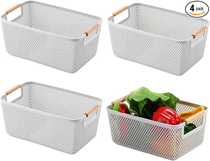 4 Pcs Plastic Mesh Baskets with Handles - Mesh Storage Organizer Bin Container Baskets for Home Organizing Pantry Closet Cabinet Kitchen Fridge Fruit Snacks Gifts, Grey(Medium)
