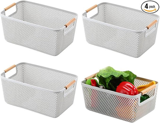 4 Pcs Plastic Mesh Baskets with Handles - Mesh Storage Organizer Bin Container Baskets for Home Organizing Pantry Closet Cabinet Kitchen Fridge Fruit Snacks Gifts, Grey(Medium)