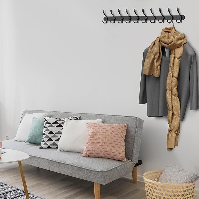 Coat Rack Wall Mount with 10 Tri Hooks, Stainless Steel 32 Inch – Black Matte Finish, Heavy Duty Wall Mounted Hook Rack for Coats, Hats, Towels, Scarfs, Robes, Bags, Entryway & Bathroom - 2 Pack-NeatNest