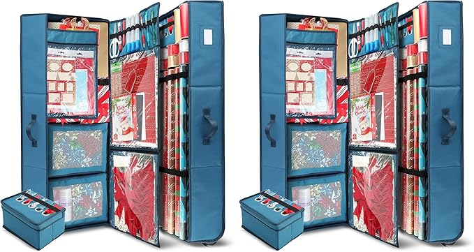 Hearth & Harbor Holiday Storage with Christmas Bins and Ribbon Organizer - Fade Resistant Wrapping Paper Containers with Wheels Fits Up to 30 Rolls (Pack of 2)-NeatNest