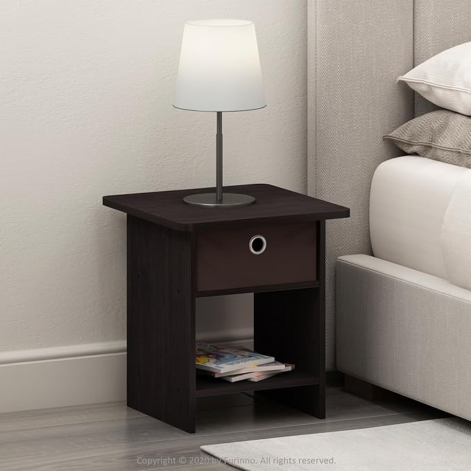 Furinno Dario End Table / Side Table / Night Stand / Bedside Table with Bin Drawer, 1-Pack, Dark Walnut