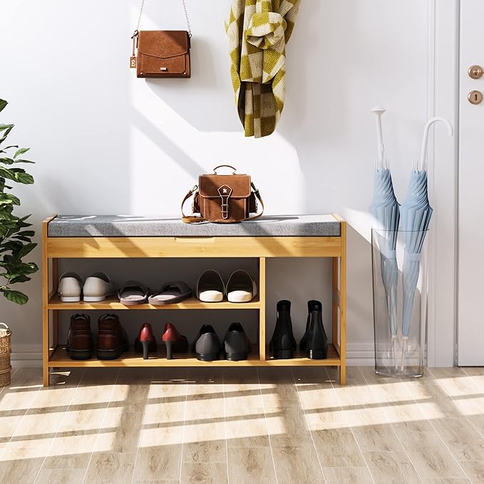 HIFIT Bamboo Shoe Bench Rack with Storage, Entryway Storage Bench with Padded Seat, Shoe Oiganizer Shelf for Entryway Mudroom Bathroom Hallway, Natural