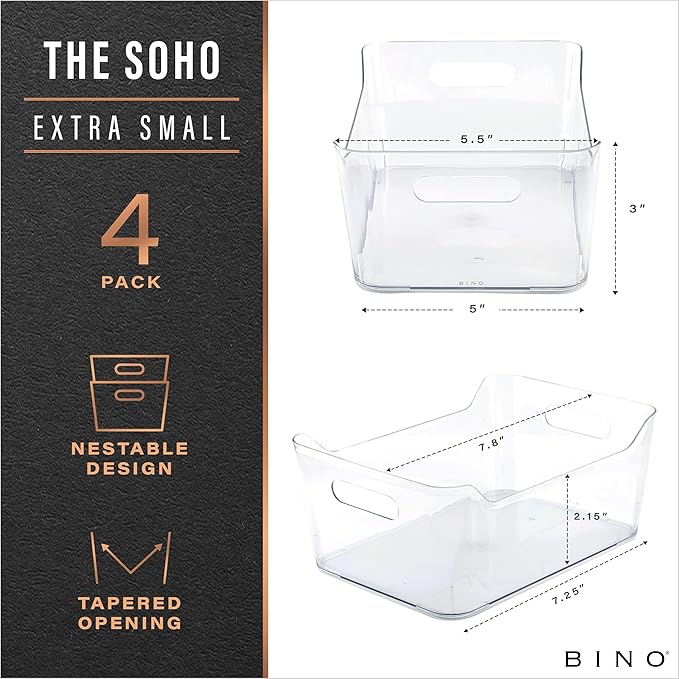 BINO | Plastic Organizer Bins, X-Small - 4 Pack | THE SOHO COLLECTION | Multi-Use Organizer Bins | Pantry & Freezer Bin | Plastic Storage Containers | Bin for Home & Kitchen Org-NeatNest