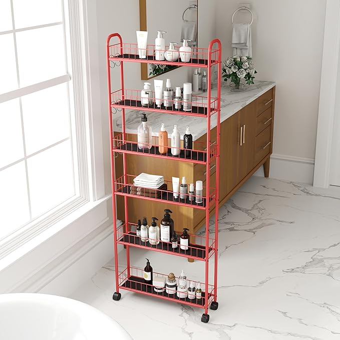 6 Tier Slim Storage Cart with Wheels Metal Rolling Organizer Utility Cart Narrow Mobile Shelving Unit Tiered Storage Shelf on Wheels for Kitchen Bathroom (Red, 6")