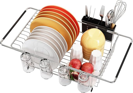 romision in Sink Dish Drying Rack, Stainless Steel Dish Drainers for Kitchen Sink, Use for Countertops & in Sinks & Over Sink, Compact Dish Dryer Racks with Utensil & Cup Holder, Sliver
