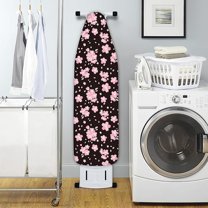 Extra Thick Ironing Board Cover and Pad, Cherry Blossoms 15x54 Ironing Board Cover, Resist Scorching and Staining,Elastic Edges,Pink Floral Leaves Spring Flower White