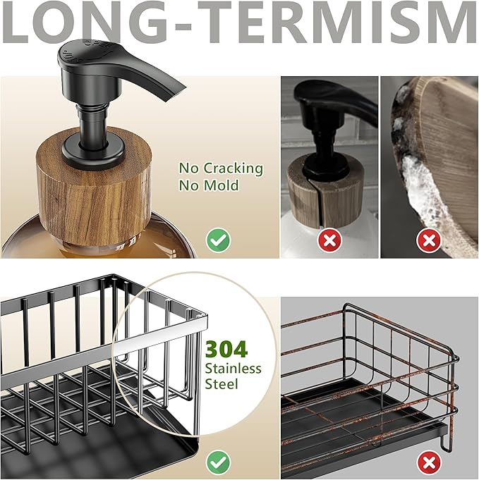 Cisily Kitchen Dish Soap Dispenser Set with 2 Pack Amber Glass, Kitchen Soap Dispensers with Adjustable Black Sink Caddy, Vintage Kitchen Soap Dispenser Set, Hand and Dish Soap Dispensers Set-NeatNest