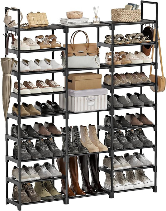 WOWLIVE 9 Tiers Large Shoe Rack Storage Organizer for Closet 50-55 Pairs Shoe Tower Unit Shelf Stackable Shoe Rack with Metal Pipes Plastic Connectors Black(SSS3B9)-NeatNest
