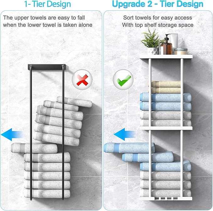 Towel Rack for Bathroom, Wall Mounted Vertical Rolled Towel Storage Organizer Holder with Shelf, Holds Up 6 Large Bath Sheets, White Large Size