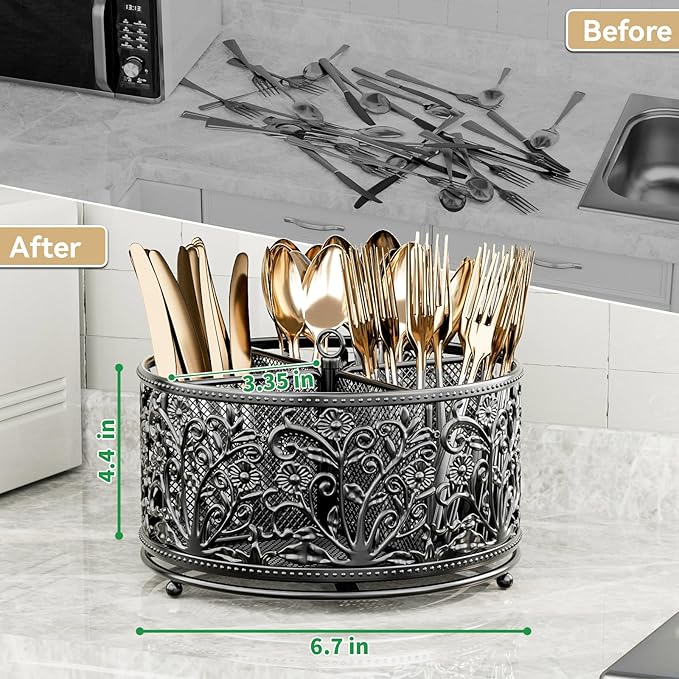 360° Rotating Utensil Caddy - Silverware Cutlery Caddy Holder with 4 Compartment, Metal Flatware Organizer Countertop with Handle for Party Camping Picnic, Kitchen Counter, Office (Black)-NeatNest