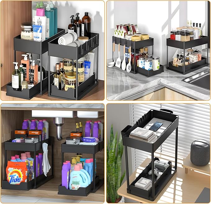 2 Pack Under Sink Organizer, 2 Tier Bathroom Organizers and Storage, Cabinet Organizer with Hook, Multi-Purpose Under Sink Organizers and Storage for Bathroom & Kitchen, Bedroom (Black)-NeatNest