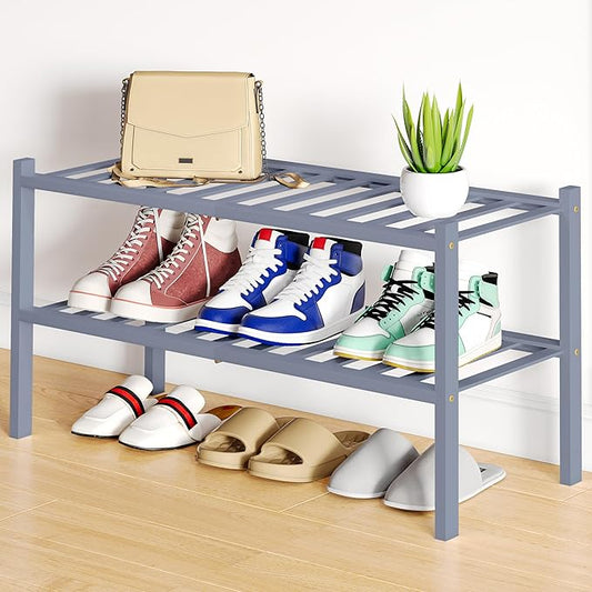 Smiry Shoe Rack, 2 Tier Bamboo Shoe Organizer, Stackable Free Standing Wooden Shoe Storage Shelf for Closet, Entryway, Front Door Entrance, Grey-NeatNest