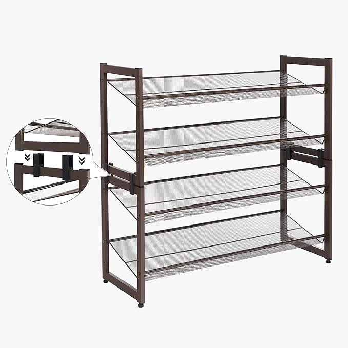 SONGMICS Shoe Rack, 2-Tier Shoe Organizer, Metal Shoe Storage for Garage, Stackable Shoe Shelf, with Adjustable Flat or Angled Shelves, 8-10 Pairs, Bronze ULMR02A-NeatNest