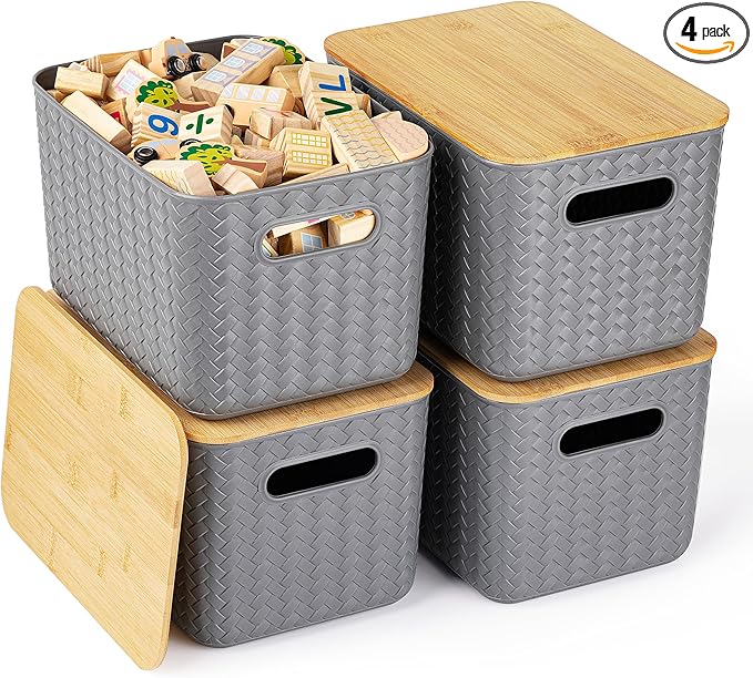 4 Packs Storage Bins with Bamboo Lids - Plastic Storage Containers with Lids Stackable Storage Box：Storage Baskets for Organizing Desktop Closet Playroom Classroom Office,Gray