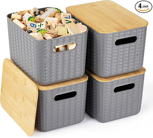 4 Packs Storage Bins with Bamboo Lids - Plastic Storage Containers with Lids Stackable Storage Box：Storage Baskets for Organizing Desktop Closet Playroom Classroom Office,Gray