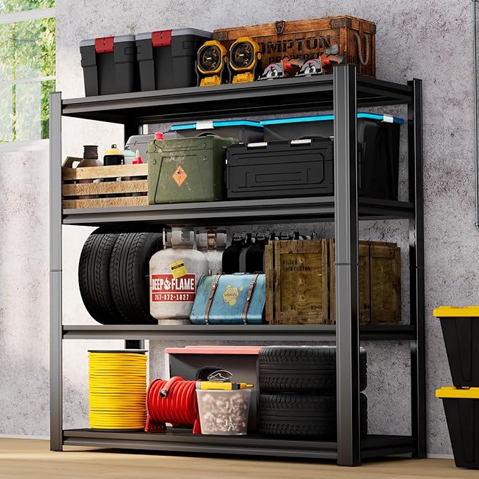 55" H Garage Shelving 2400LBS Capacity Heavy Duty Storage Shelves, Adjustable 4 Tier Metal Industrial Shelf for Kitchen, Utility Room, Warehouse and Basement,14" Dx32 Wx55 H, Black