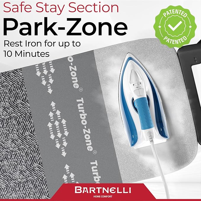 Bartnelli Heavy Duty Ironing Board 48x15 | Designed & Made in Europe with Patent Technology, Turbo & Park Zone
