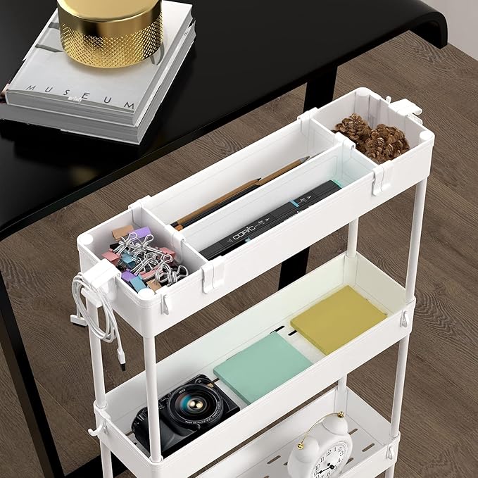 SPACELEAD Slim Storage Cart 4 Tier,Bathroom Organizer Rolling Utility, Mobile Shelving Unit Slide Out for Office, Kitchen, Laundry Room & Narrow Places,White-NeatNest