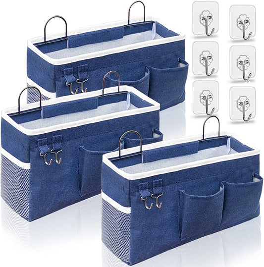 3pcs Large Wall Hanging Organizer Bag, Linen Fabric Door Hanging Storage Baskets with Pockets, Waterproof Bin for Kitchen, Bedroom, Office, RV Camper (Blue)-NeatNest