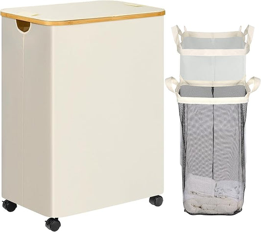 efluky Double Laundry Hamper with Wheels, Divided Laundry Hamper with Removable Bags, 2 Section Dirty Clothes Basket with Handles for Bathroom, Bedroom & Laundry Room, 160L Beige-NeatNest