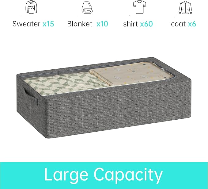 3PCS Under Bed Storage Bins with Metal Frame, Linen Fabric Frame Storage Box Clothes Organizer Bins, Underbed Container with Clear Window (Dark Grey, 15.7 x 13 x 6IN)-NeatNest