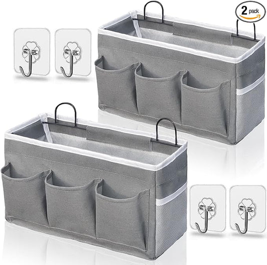2pcs 3-pockets Large Wall Hanging Organizer Bag, Linen Fabric Door Hanging Storage Baskets with Pockets, Waterproof Bin for Kitchen, Bedroom, Office, RV Camper (Gray_2pcs)