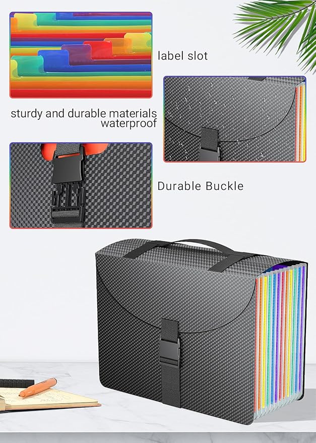 Expanding File Folders with Handle,Accordion File Organizer 13 Expandable Pockets,Portable Filing Box,Adjustable Support Strap,Colored Tabs,Paper Document Organizer,A4/Letter Size Diamond