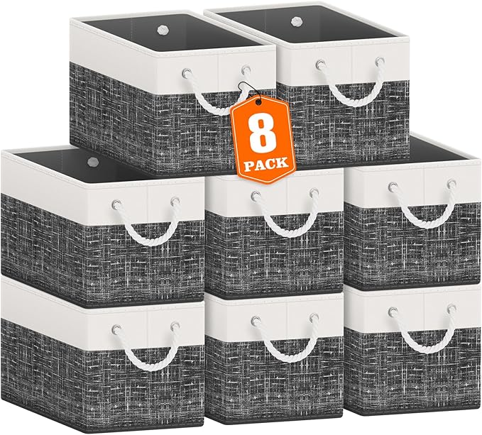 Fab totes Storage Bins [8-Pack], Foldable Storage Baskets for Organizing Toys, Books, Shelves, Closet, Large Storage Box with Rope Handles, Sturdy Organizer Bins, White & Black-NeatNest