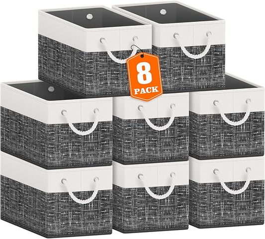 Fab totes Storage Bins [8-Pack], Foldable Storage Baskets for Organizing Toys, Books, Shelves, Closet, Large Storage Box with Rope Handles, Sturdy Organizer Bins, White & Black-NeatNest