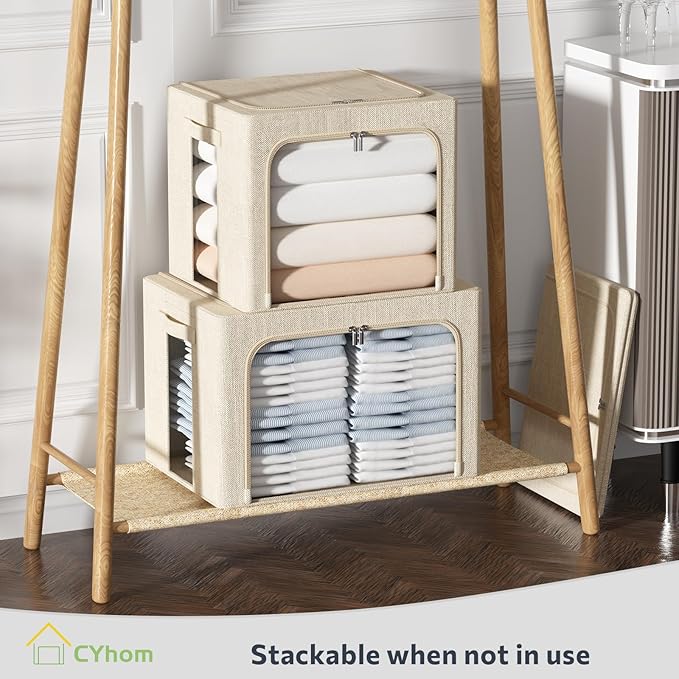 3Pack Foldable Storage Bins - Frame Storage Box Linen Fabric Stackable Clothes Container Organizer with Clear Window & Carry Handles Large Capacity (Extra Large-100L, Beige)-NeatNest