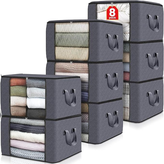 Fab totes 8 Pack Clothes Storage, Foldable Thick Fabric Blanket Storage Bags, Containers for Organizing Bedroom, Closet, Clothing, Comforter,Closet Organization with Handle,Grey-NeatNest