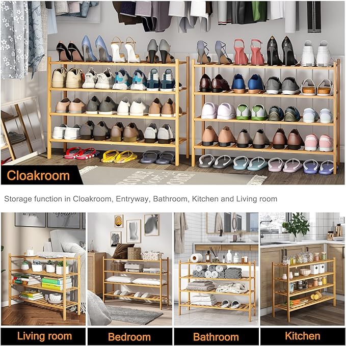 Long Shoe Rack, 4-Tier Bamboo Stackable Shoe Shelf Storage Organizer, Shoe Stand for Closet, Entryway and Hallway-NeatNest