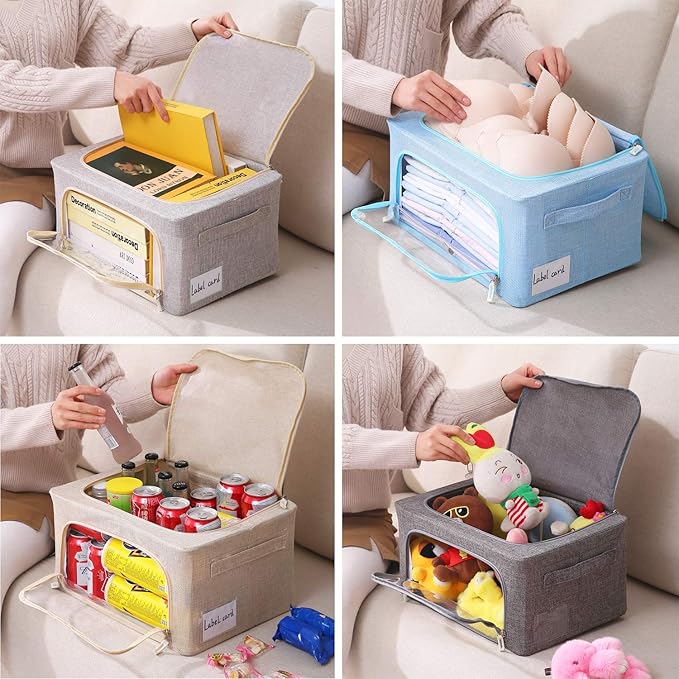 3Pack Foldable Storage Bins - Frame Storage Box Linen Fabric Stackable Clothes Container Organizer with Clear Window & Carry Handles Large Capacity (Small-22L, Beige)-NeatNest