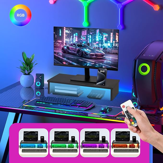 21" Monitor Stand Riser with LED Lights and Phone Holder, Monitor Stand for Desk, Computer Monitor Stand, Desk Shelf for Top of Desk, Desktop Organizer for Laptop, Printer, TV