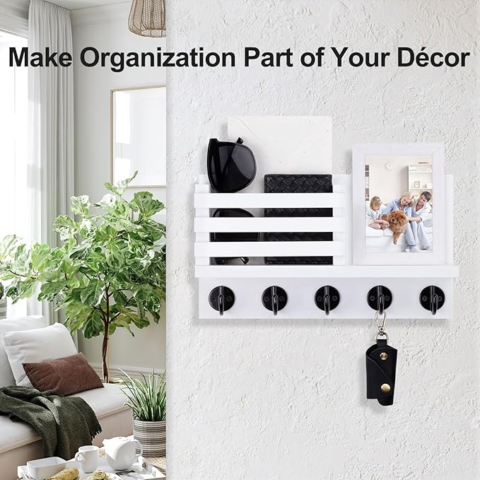 Key Holder for Wall – Decorative Wooden Mail Holder and Key Shelf with Mounting Hardware, Installation Guide – Paulownia Wood with 5 Metal Key Hooks (11.8” x 6.7” x 2.8”)