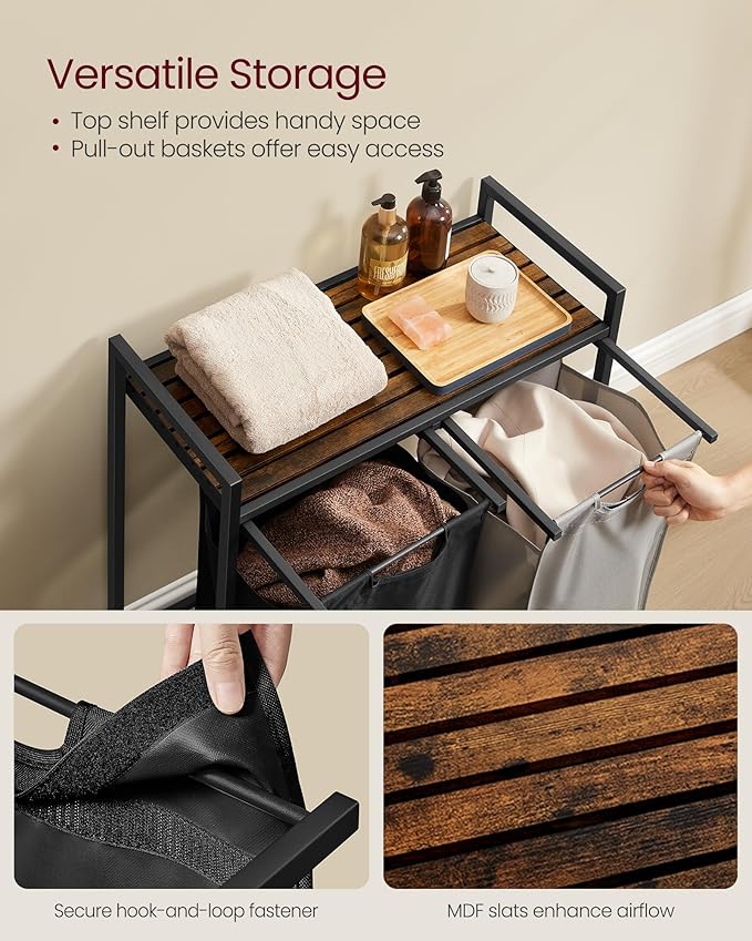 VASAGLE Laundry Hamper, Laundry Basket, Laundry Sorter with 2 Pull-Out and Removable Bags, Shelf, Metal Frame, 2 x 12.1 Gallons (46 L), 28.8 x 13 x 28.4 Inches, Bicolor and Rustic Brown UBLH201X01-NeatNest